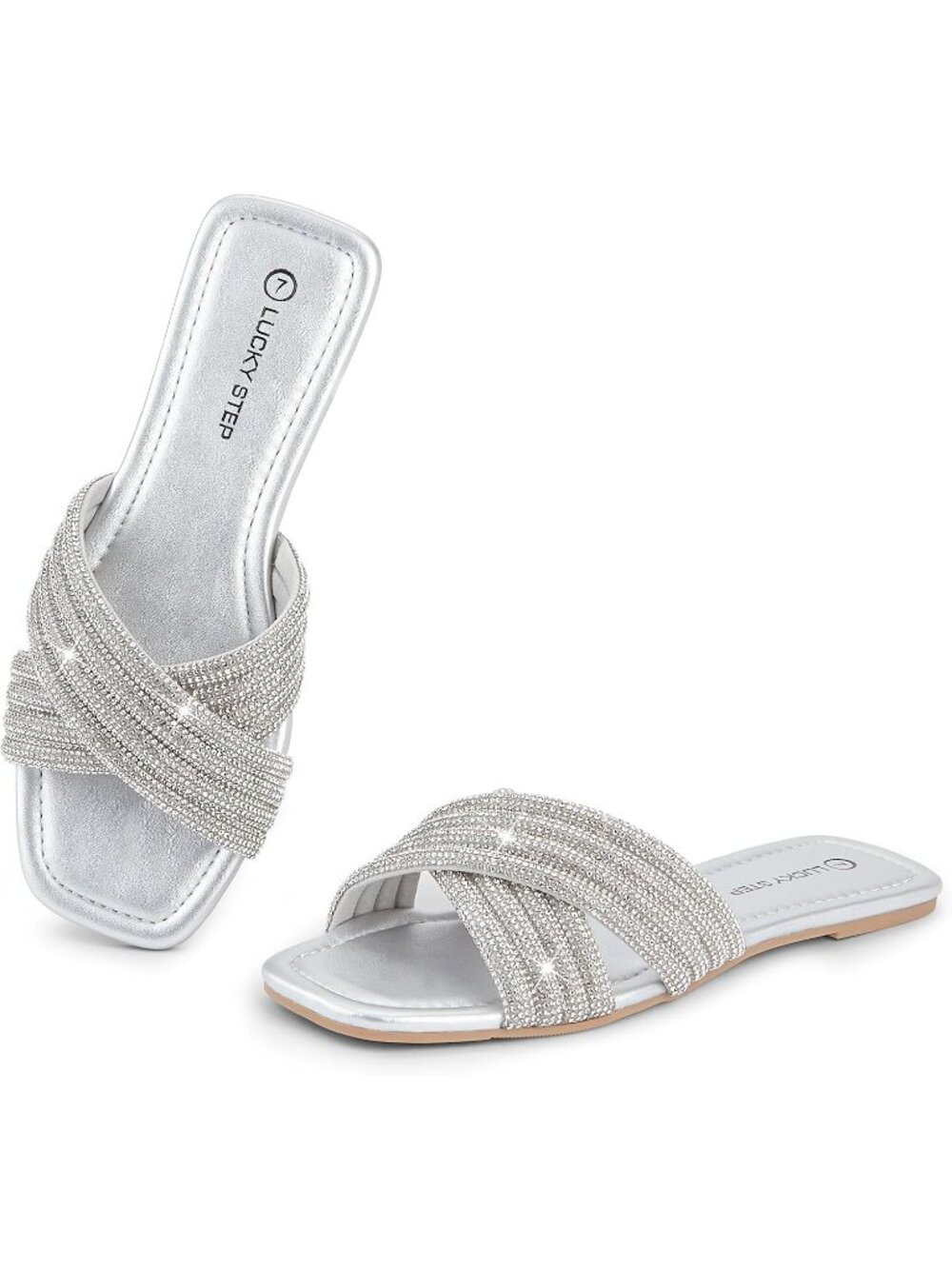 🆕Women's Silver Rhinestone Flat Sandals Glitter Slide Sparkle Open Toe
